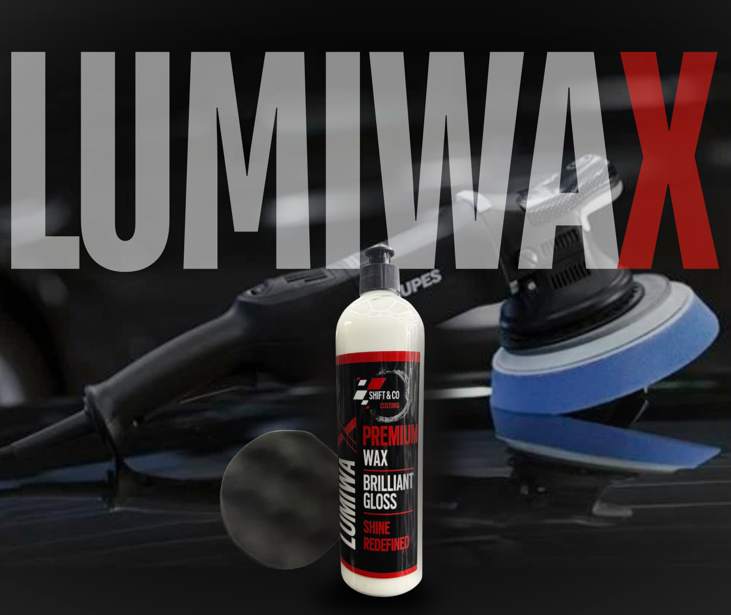 LumiWax car care product with a polisher and applicator on a dark background