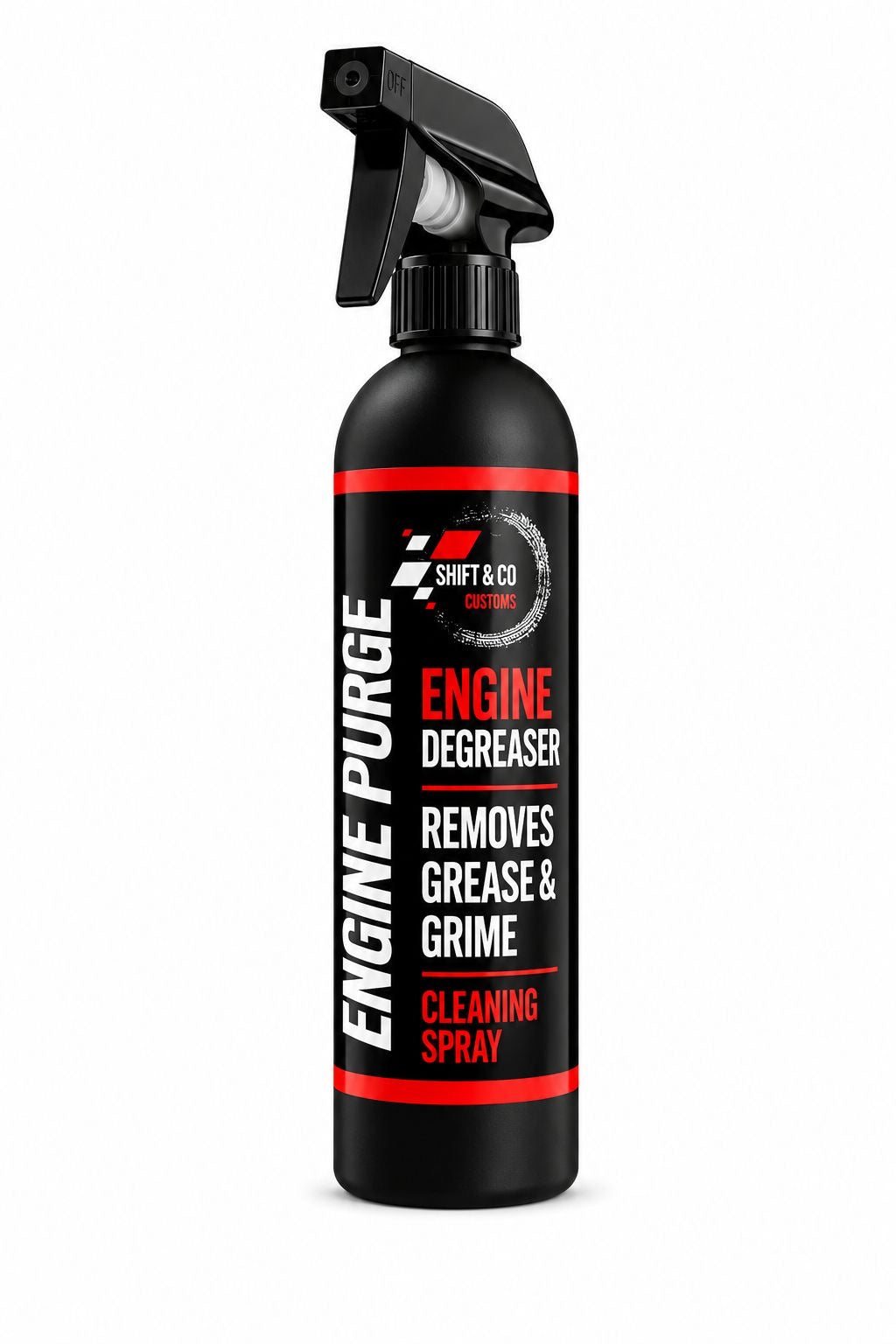 Engine degreaser spray bottle with black and red design on a white background