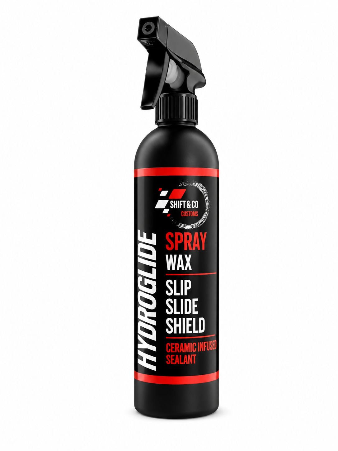 Black spray bottle with red label on a white background
