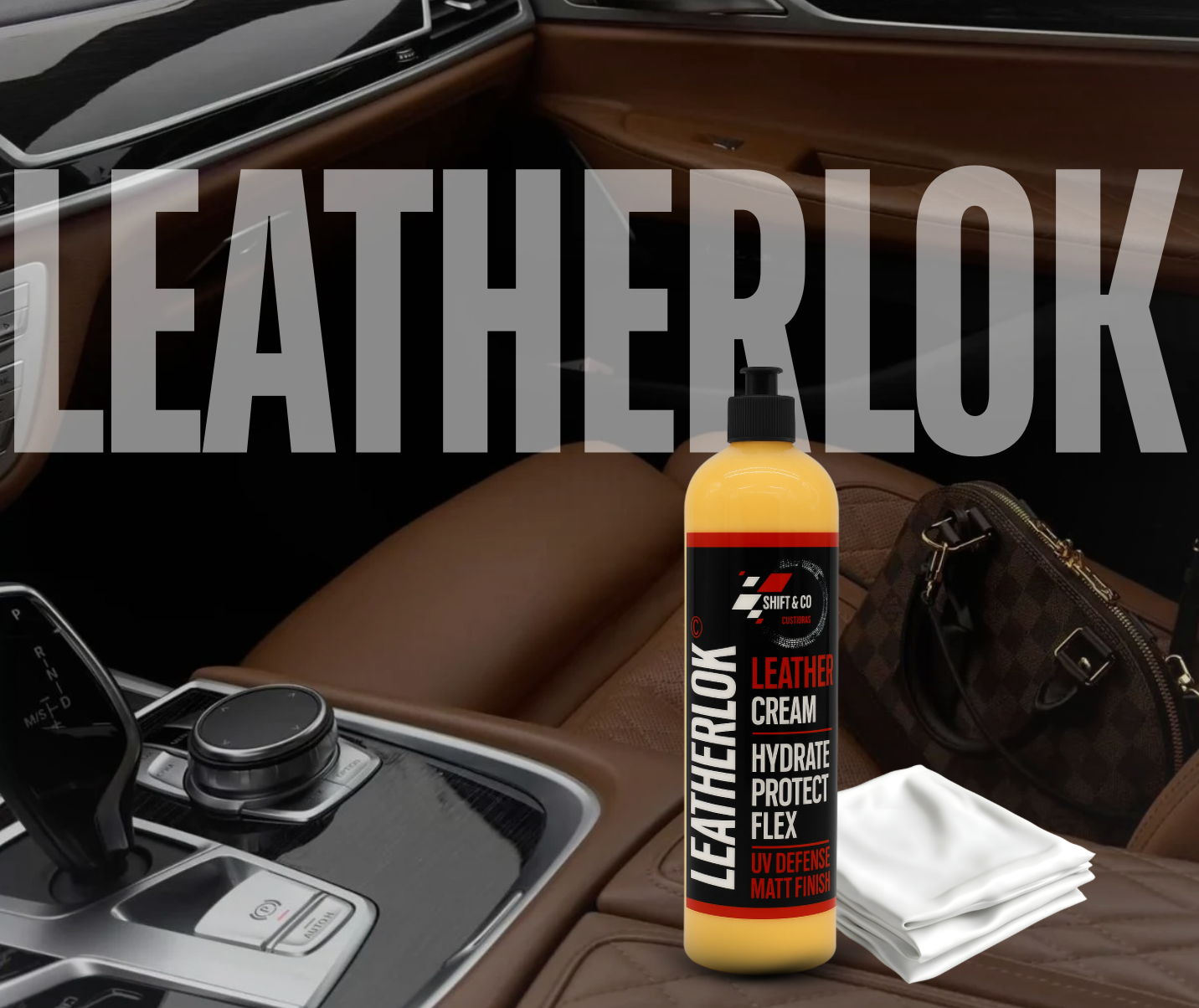 Leather care product with 'Leatherlok' branding on a car interior background