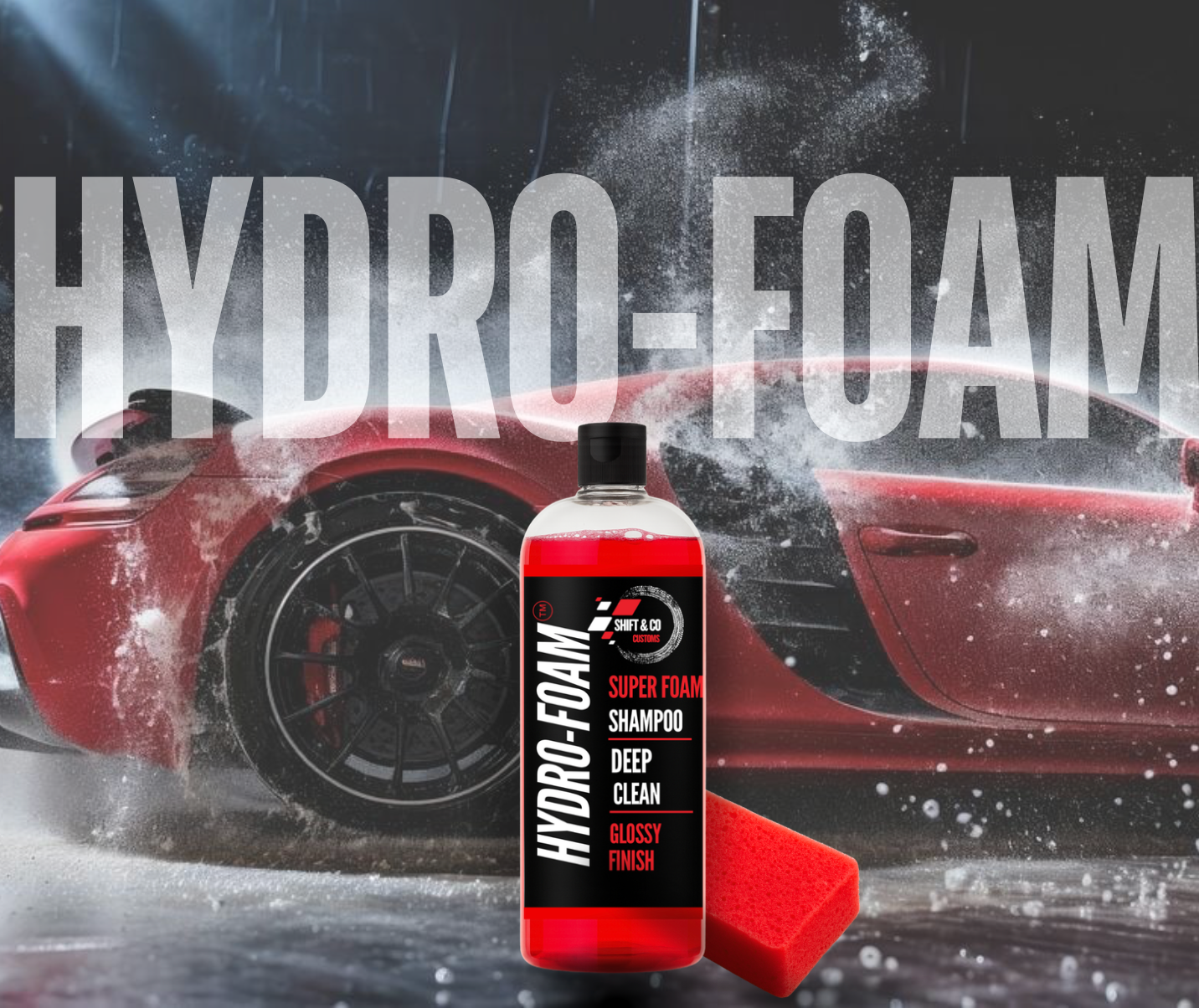 Bottle of Hydro-Foam car wash product with a red car in the background