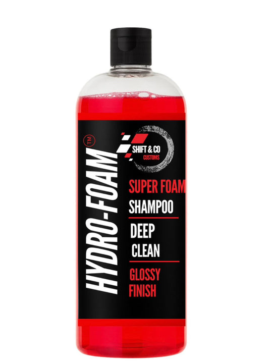 Bottle of Hydro-Foam shampoo with black and red design on a white background