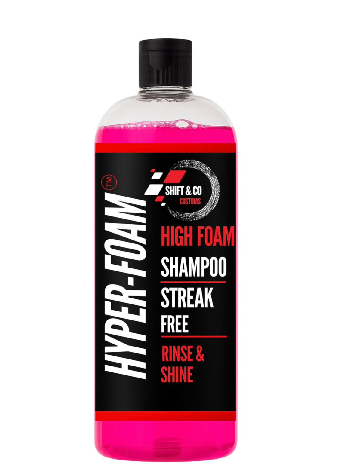Bottle of Shift & Co Hyper-Foam High Foam Shampoo with black and pink label on a white background