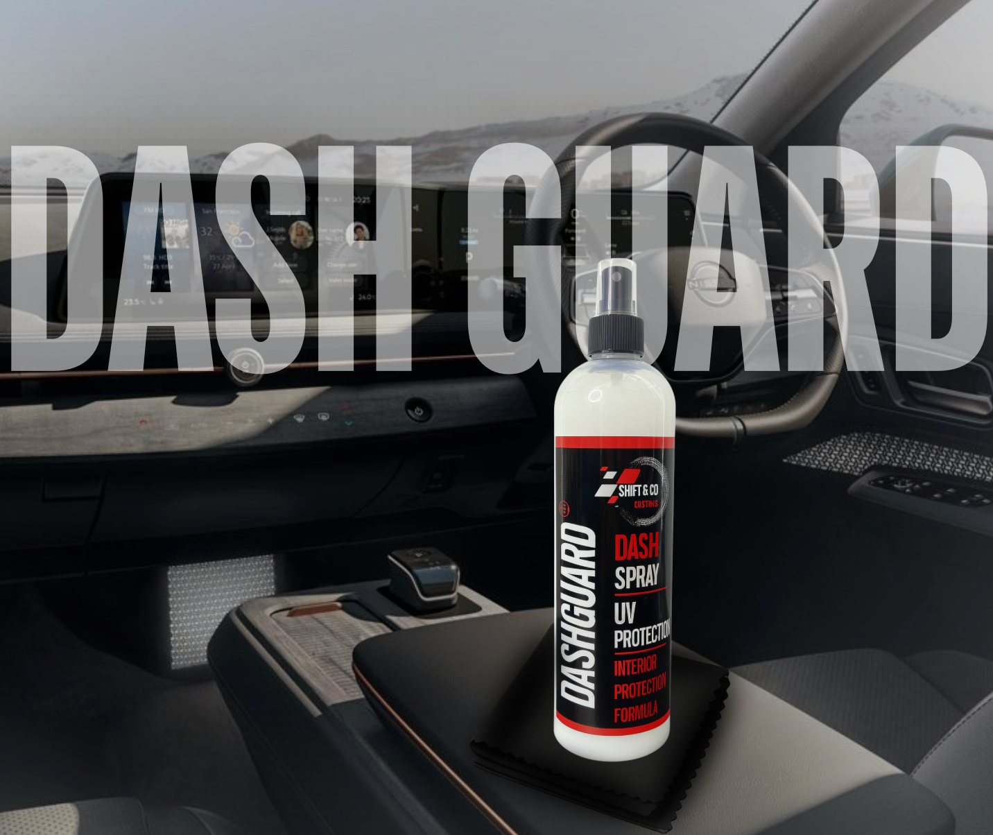 Car interior with a bottle of Dash Guard spray on the dashboard