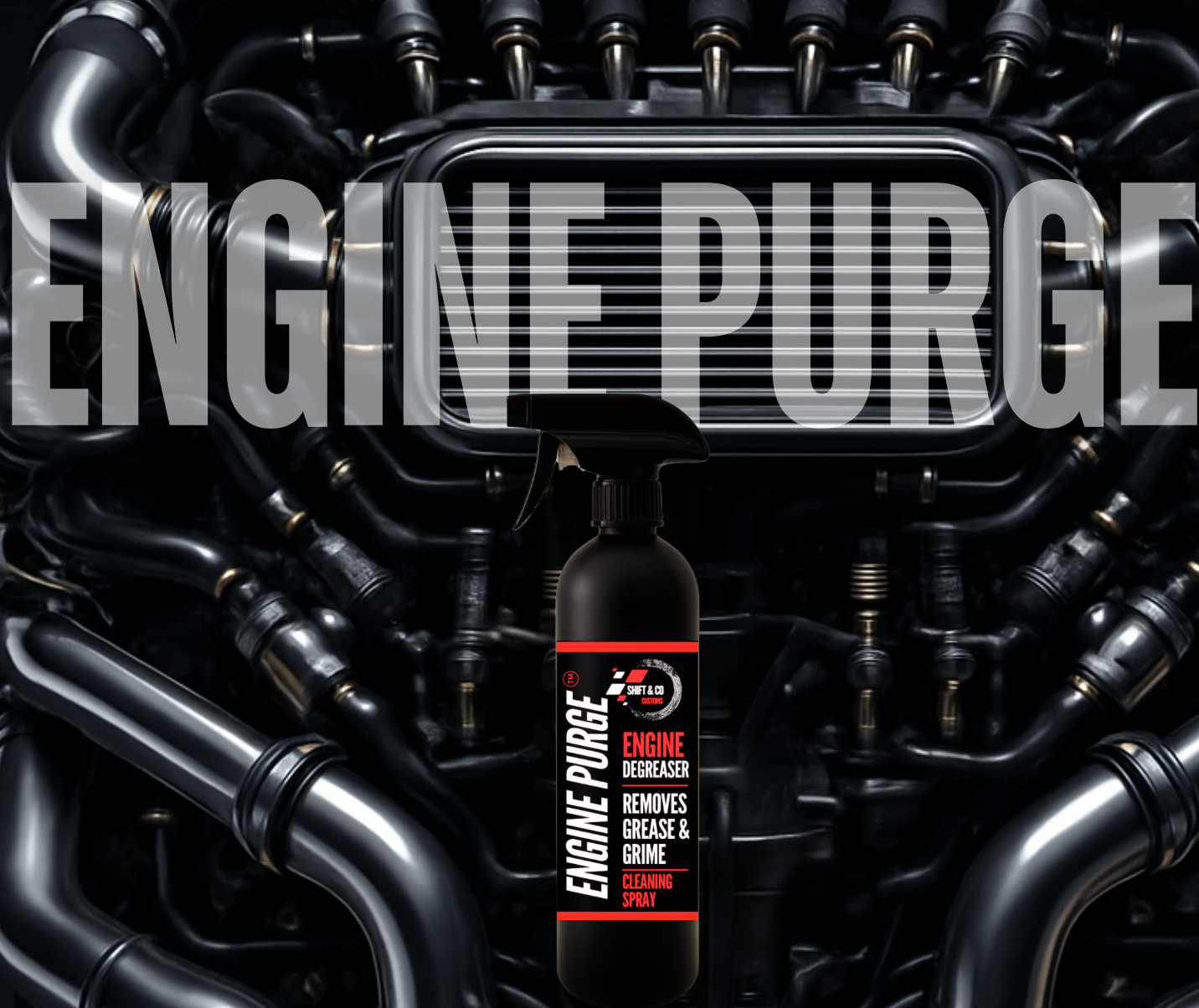 Engine purification product with text 'Engine Purge' on a black engine background